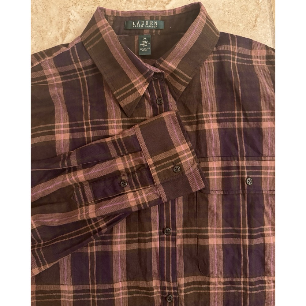 Lauren Ralph Lauren 100%‎ Cotton Fall Brown Purple Plaid Button Up Shirt Size XL